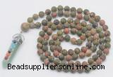 GMN2628 Knotted 8mm, 10mm matte unakite 108 beads mala necklace with pendant