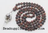 GMN2631 Knotted 8mm, 10mm matte red tiger eye 108 beads mala necklace with pendant