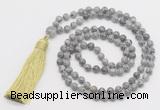 GMN269 Hand-knotted 6mm grey picture jasper 108 beads mala necklaces with tassel