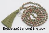 GMN303 Hand-knotted 6mm unakite 108 beads mala necklaces with tassel & charm