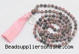 GMN325 Hand-knotted 6mm rhodonite 108 beads mala necklaces with tassel & charm