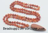 GMN4007 Hand-knotted 8mm, 10mm red banded agate 108 beads mala necklace with pendant