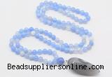 GMN4008 Hand-knotted 8mm, 10mm blue banded agate 108 beads mala necklace with pendant