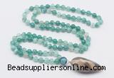 GMN4010 Hand-knotted 8mm, 10mm green banded agate 108 beads mala necklace with pendant