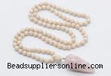 GMN4020 Hand-knotted 8mm, 10mm white fossil jasper 108 beads mala necklace with pendant