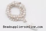 GMN4062 Hand-knotted 8mm, 10mm white crazy agate 108 beads mala necklace with pendant