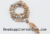 GMN4063 Hand-knotted 8mm, 10mm yellow crazy agate 108 beads mala necklace with pendant