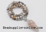 GMN4064 Hand-knotted 8mm, 10mm bamboo leaf agate 108 beads mala necklace with pendant