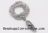 GMN4067 Hand-knotted 8mm, 10mm grey banded agate 108 beads mala necklace with pendant