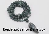 GMN4071 Hand-knotted 8mm, 10mm moss agate 108 beads mala necklace with pendant