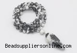 GMN4080 Hand-knotted 8mm, 10mm black & white jasper 108 beads mala necklace with pendant