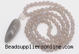 GMN4207 Hand-knotted 8mm, 10mm matte grey agate 108 beads mala necklace with pendant