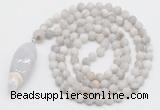 GMN4210 Hand-knotted 8mm, 10mm matte white crazy agate 108 beads mala necklace with pendant