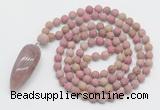 GMN4214 Hand-knotted 8mm, 10mm matte pink wooden jasper 108 beads mala necklace with pendant