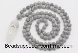 GMN4219 Hand-knotted 8mm, 10mm matte grey picture jasper 108 beads mala necklace with pendant