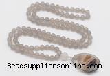 GMN4407 Hand-knotted 8mm, 10mm matte grey agate 108 beads mala necklace with pendant