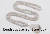 GMN4410 Hand-knotted 8mm, 10mm matte white crazy agate 108 beads mala necklace with pendant