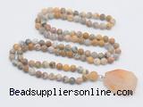 GMN4411 Hand-knotted 8mm, 10mm matte yellow crazy agate 108 beads mala necklace with pendant