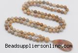 GMN4412 Hand-knotted 8mm, 10mm matte fossil coral 108 beads mala necklace with pendant