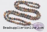 GMN4416 Hand-knotted 8mm, 10mm matte picasso jasper 108 beads mala necklace with pendant