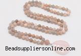 GMN4430 Hand-knotted 8mm, 10mm matte sunstone 108 beads mala necklace with pendant