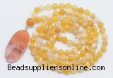 GMN4605 Hand-knotted 8mm, 10mm yellow banded agate 108 beads mala necklace with pendant