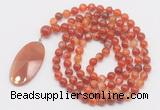 GMN4607 Hand-knotted 8mm, 10mm red banded agate 108 beads mala necklace with pendant