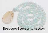 GMN4609 Hand-knotted 8mm, 10mm sea blue banded agate 108 beads mala necklace with pendant