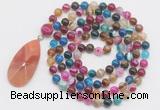 GMN4611 Hand-knotted 8mm, 10mm colorful banded agate 108 beads mala necklace with pendant