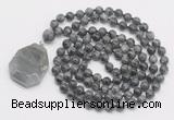 GMN4633 Hand-knotted 8mm, 10mm black labradorite 108 beads mala necklace with pendant