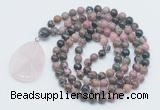 GMN4635 Hand-knotted 8mm, 10mm rhodonite 108 beads mala necklace with pendant