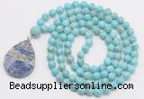 GMN4643 Hand-knotted 8mm, 10mm blue howlite 108 beads mala necklace with pendant