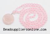 GMN4650 Hand-knotted 8mm, 10mm rose quartz 108 beads mala necklace with pendant