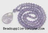 GMN4651 Hand-knotted 8mm, 10mm amethyst 108 beads mala necklace with pendant