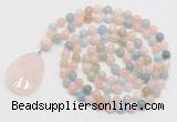 GMN4655 Hand-knotted 8mm, 10mm morganite 108 beads mala necklace with pendant