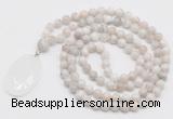 GMN4660 Hand-knotted 8mm, 10mm white crazy agate 108 beads mala necklace with pendant