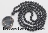 GMN4666 Hand-knotted 8mm, 10mm black banded agate 108 beads mala necklace with pendant