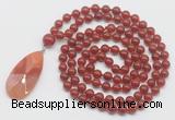 GMN4671 Hand-knotted 8mm, 10mm red agate 108 beads mala necklace with pendant