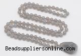 GMN4824 Hand-knotted 8mm, 10mm grey agate 108 beads mala necklace with pendant