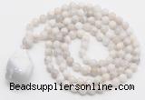 GMN4829 Hand-knotted 8mm, 10mm white crazy agate 108 beads mala necklace with pendant