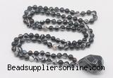 GMN4842 Hand-knotted 8mm, 10mm black banded agate 108 beads mala necklace with pendant