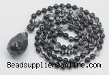 GMN4843 Hand-knotted 8mm, 10mm black banded agate 108 beads mala necklace with pendant