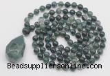 GMN4847 Hand-knotted 8mm, 10mm moss agate 108 beads mala necklace with pendant