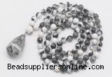 GMN4865 Hand-knotted 8mm, 10mm black & white jasper 108 beads mala necklace with pendant