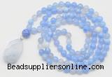 GMN4908 Hand-knotted 8mm, 10mm blue banded agate 108 beads mala necklace with pendant