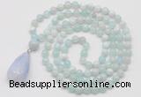 GMN4909 Hand-knotted 8mm, 10mm sea blue banded agate 108 beads mala necklace with pendant