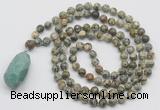 GMN4927 Hand-knotted 8mm, 10mm rhyolite 108 beads mala necklace with pendant