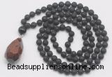 GMN4933 Hand-knotted 8mm, 10mm black lava 108 beads mala necklace with pendant