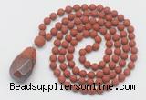 GMN5016 Hand-knotted 8mm, 10mm matte red jasper 108 beads mala necklace with pendant