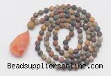 GMN5017 Hand-knotted 8mm, 10mm matte picasso jasper 108 beads mala necklace with pendant